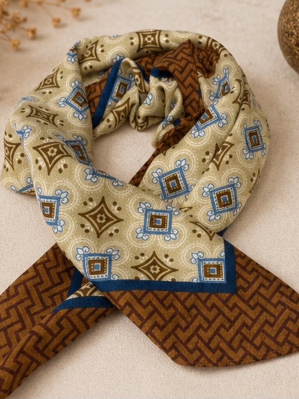 Designer Inspired Vintage Geometric Scarf Tan Blue Brown